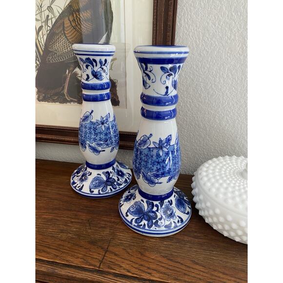 Vintage Blue And White Taper Candle Holder Set Porcelain Country Cottage Floral - Picture 1 of 6